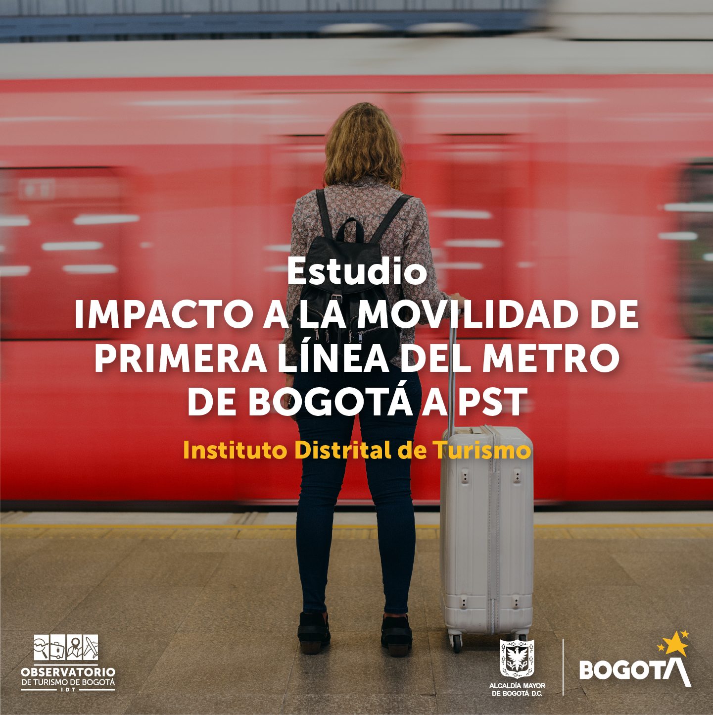 Imagen de mujer de espaldas y en frente de ella un tren en movimiento. Con el título: Estudio Impacto a la movilidad de primera línea del metro de Bogotá a PST