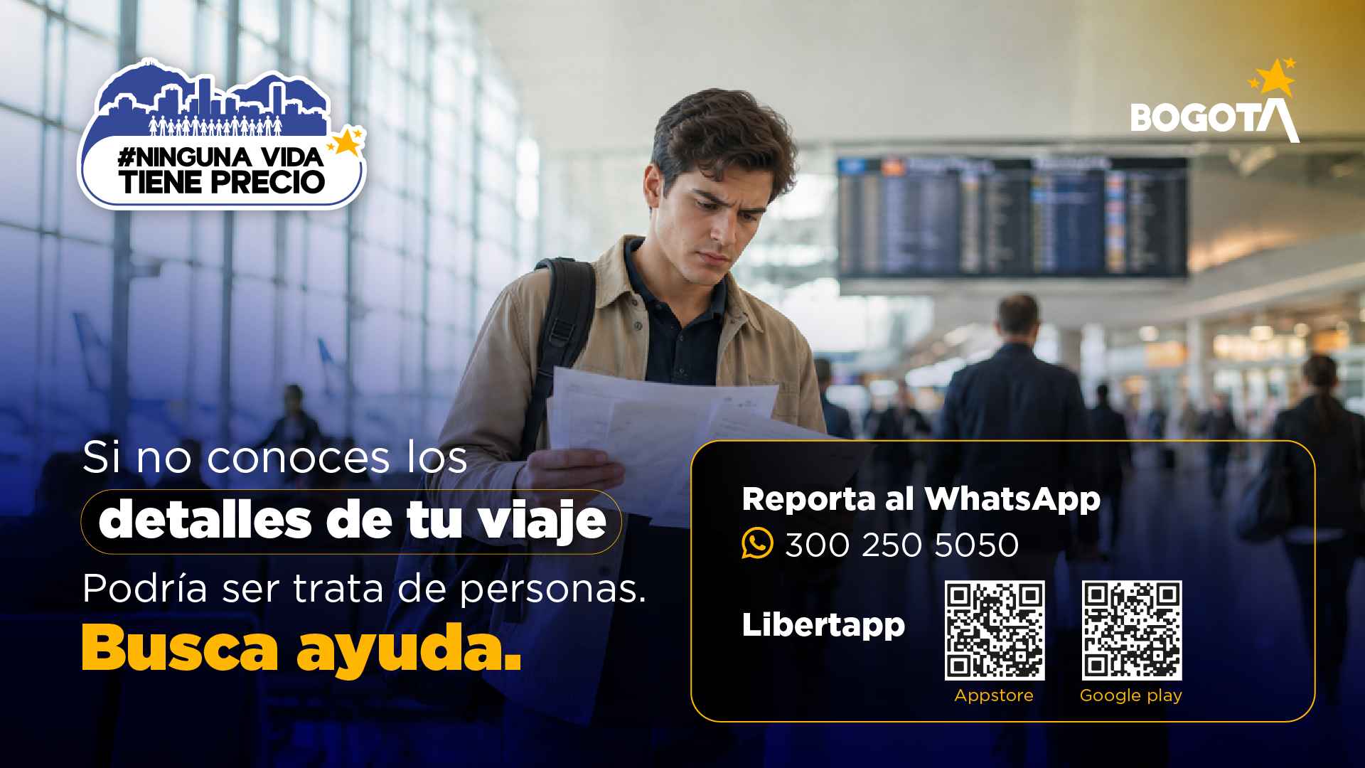 Pieza de campaña: Si no conoces los detalles de tu viaje podría ser trata de personas. Busca ayuda.